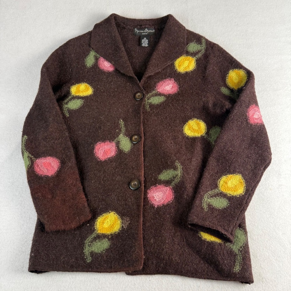 Mercer & Madison Petite Brown Boiled Wool Floral Embroidered Cardigan Sweater PS